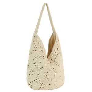 Woven Cotton Floral Crochet Tote Bag Beige